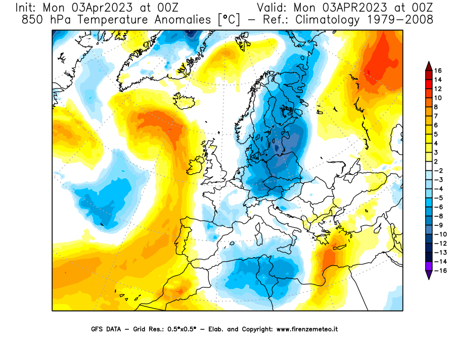 Mappa di analisi GFS - Anomalia Temperatura [°C] a 850 hPa in Europa
							del 03/04/2023 00 <!--googleoff: index-->UTC<!--googleon: index-->