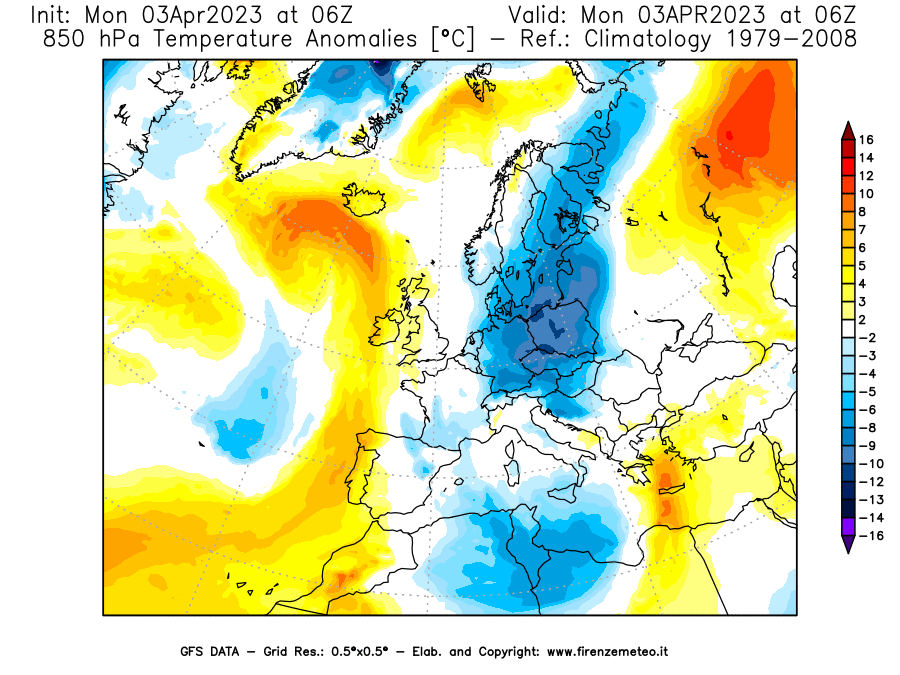 Mappa di analisi GFS - Anomalia Temperatura [°C] a 850 hPa in Europa
							del 03/04/2023 06 <!--googleoff: index-->UTC<!--googleon: index-->