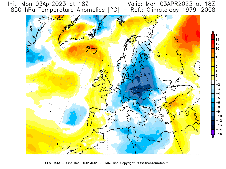 Mappa di analisi GFS - Anomalia Temperatura [°C] a 850 hPa in Europa
							del 03/04/2023 18 <!--googleoff: index-->UTC<!--googleon: index-->