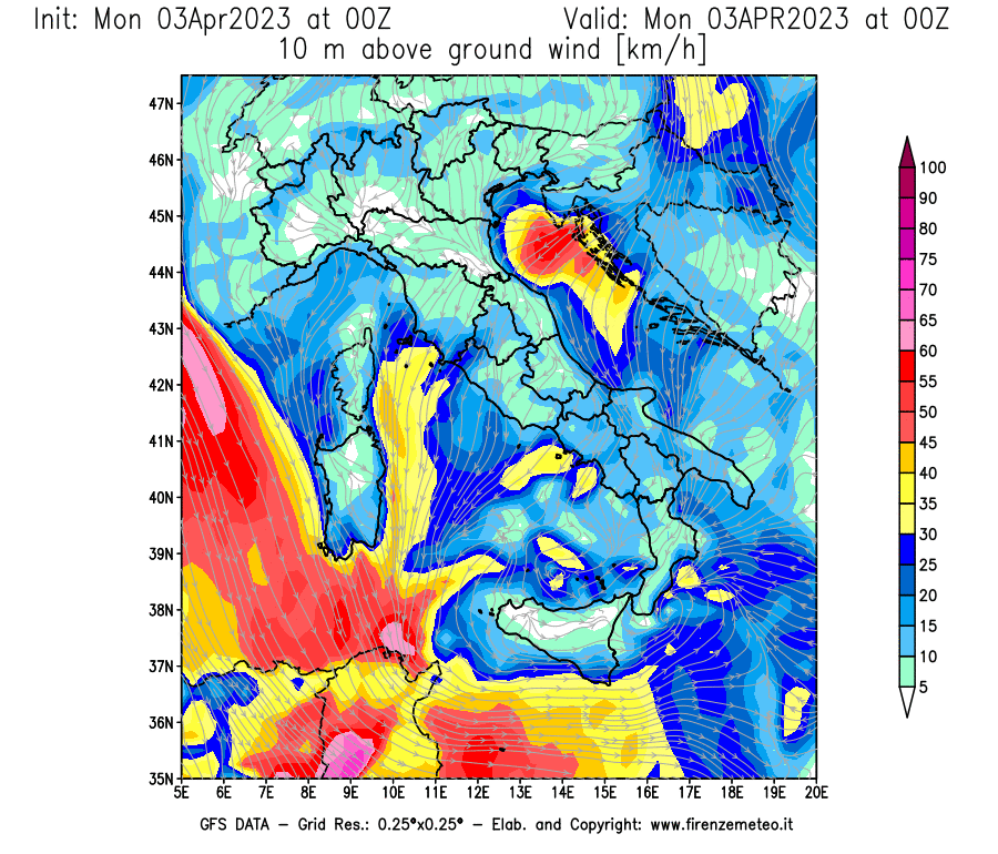 Mappa di analisi GFS - Velocità del vento a 10 metri dal suolo [km/h] in Italia
							del 03/04/2023 00 <!--googleoff: index-->UTC<!--googleon: index-->