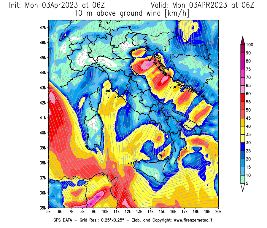 Mappa di analisi GFS - Velocità del vento a 10 metri dal suolo [km/h] in Italia
							del 03/04/2023 06 <!--googleoff: index-->UTC<!--googleon: index-->