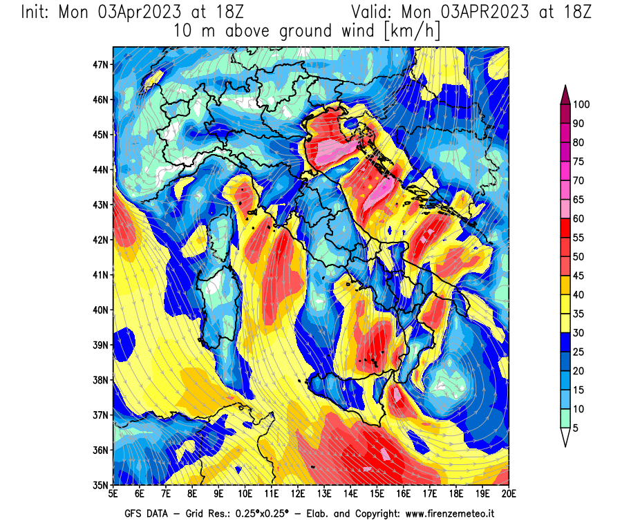 Mappa di analisi GFS - Velocità del vento a 10 metri dal suolo [km/h] in Italia
							del 03/04/2023 18 <!--googleoff: index-->UTC<!--googleon: index-->