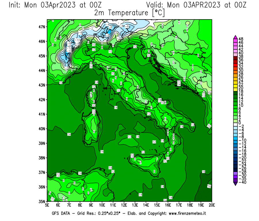 Mappa di analisi GFS - Temperatura a 2 metri dal suolo [°C] in Italia
							del 03/04/2023 00 <!--googleoff: index-->UTC<!--googleon: index-->