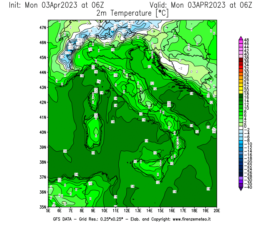 Mappa di analisi GFS - Temperatura a 2 metri dal suolo [°C] in Italia
							del 03/04/2023 06 <!--googleoff: index-->UTC<!--googleon: index-->