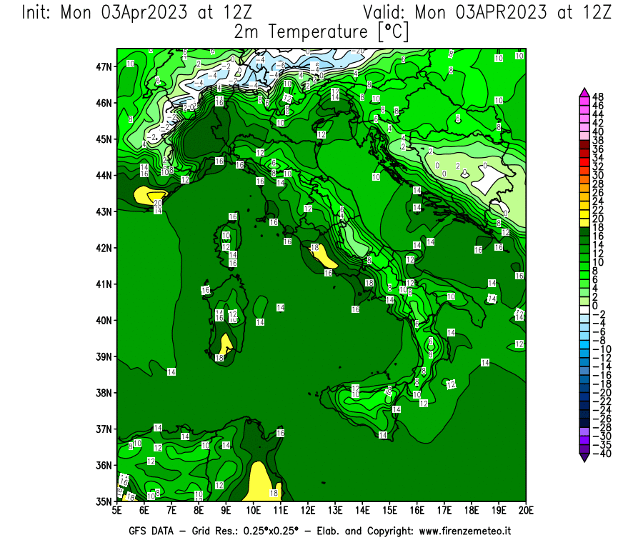 Mappa di analisi GFS - Temperatura a 2 metri dal suolo [°C] in Italia
							del 03/04/2023 12 <!--googleoff: index-->UTC<!--googleon: index-->