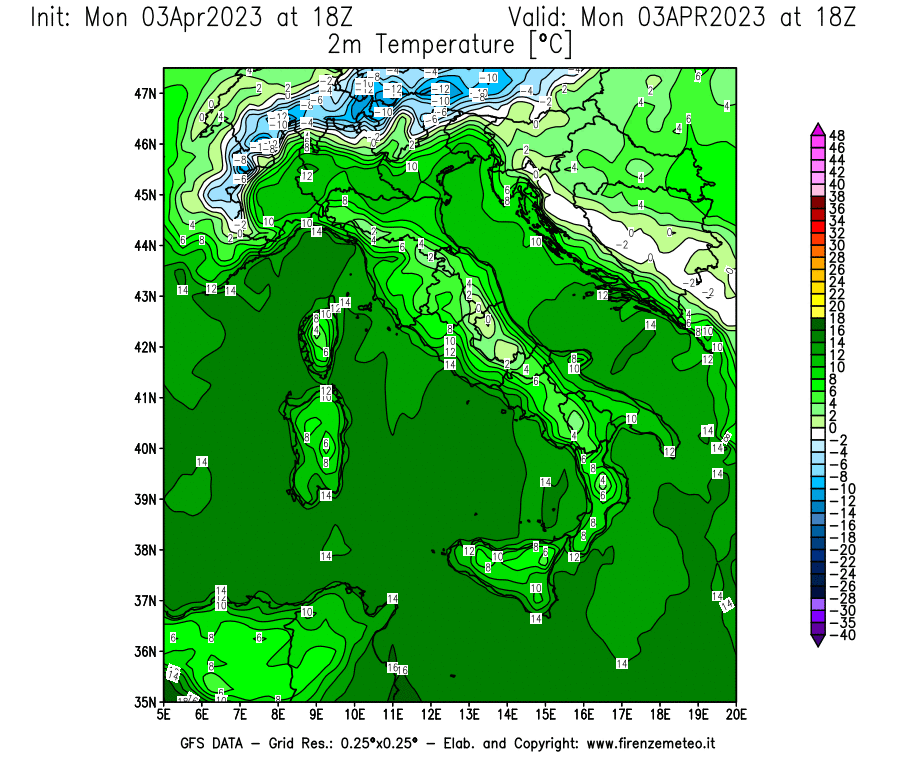 Mappa di analisi GFS - Temperatura a 2 metri dal suolo [°C] in Italia
							del 03/04/2023 18 <!--googleoff: index-->UTC<!--googleon: index-->
