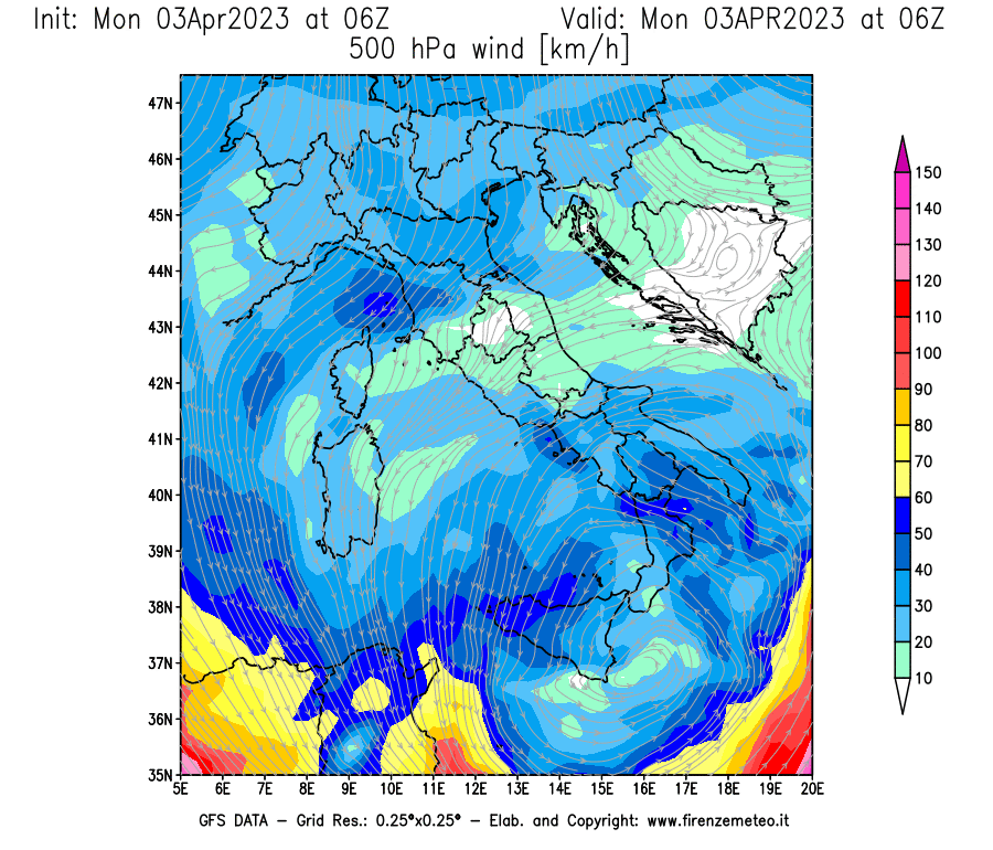 Mappa di analisi GFS - Velocità del vento a 500 hPa [km/h] in Italia
							del 03/04/2023 06 <!--googleoff: index-->UTC<!--googleon: index-->