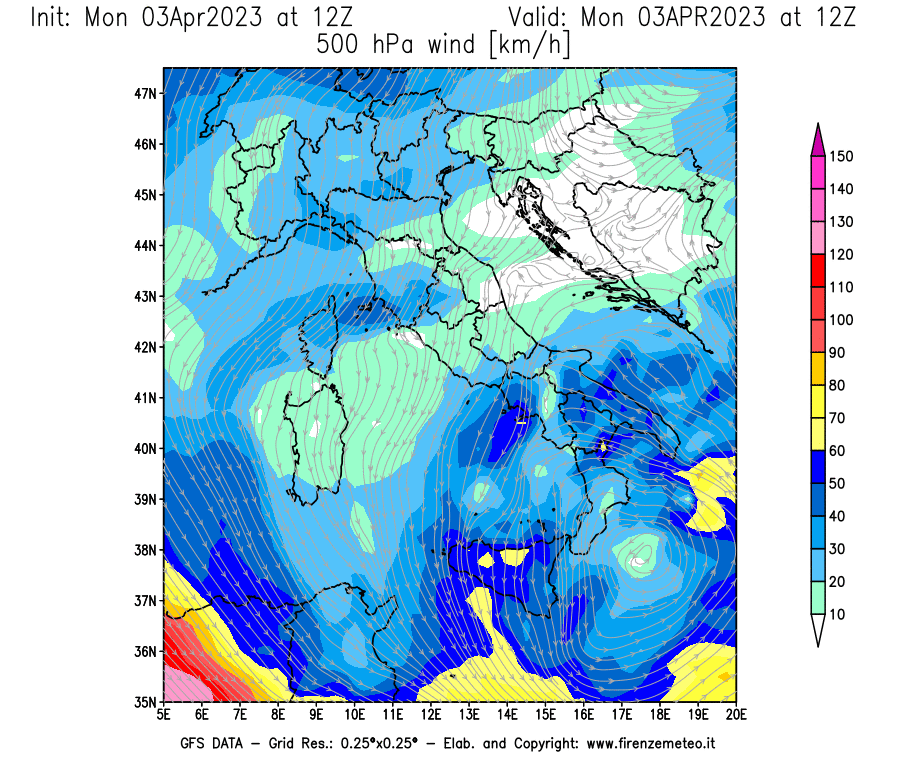 Mappa di analisi GFS - Velocità del vento a 500 hPa [km/h] in Italia
							del 03/04/2023 12 <!--googleoff: index-->UTC<!--googleon: index-->