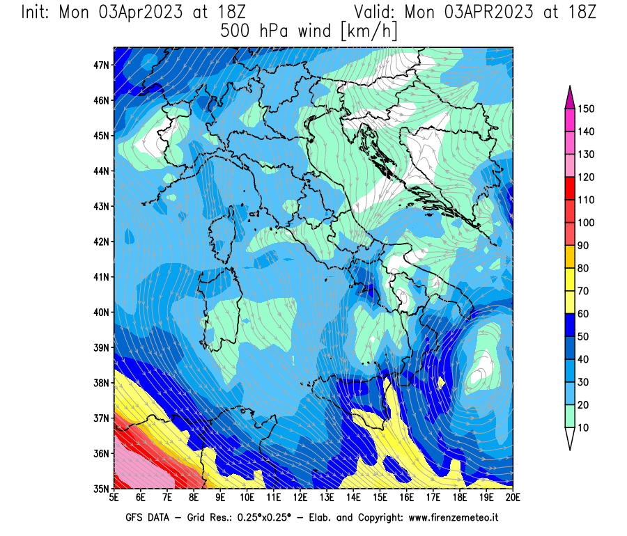 Mappa di analisi GFS - Velocità del vento a 500 hPa [km/h] in Italia
							del 03/04/2023 18 <!--googleoff: index-->UTC<!--googleon: index-->