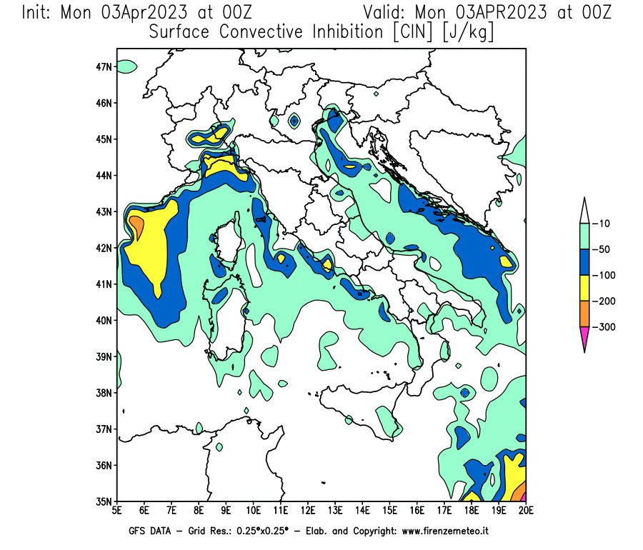 Mappa di analisi GFS - CIN [J/kg] in Italia
							del 03/04/2023 00 <!--googleoff: index-->UTC<!--googleon: index-->