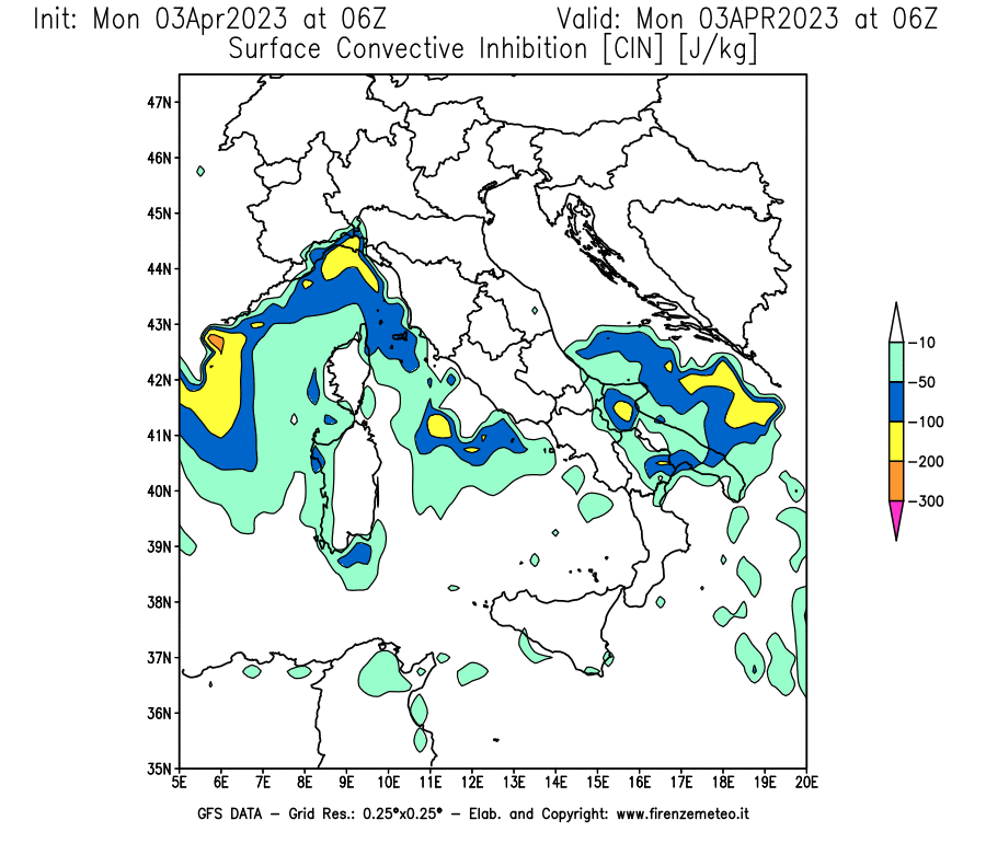 Mappa di analisi GFS - CIN [J/kg] in Italia
							del 03/04/2023 06 <!--googleoff: index-->UTC<!--googleon: index-->