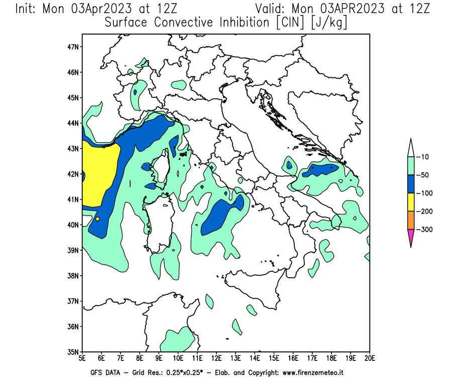 Mappa di analisi GFS - CIN [J/kg] in Italia
							del 03/04/2023 12 <!--googleoff: index-->UTC<!--googleon: index-->