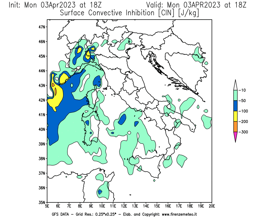 Mappa di analisi GFS - CIN [J/kg] in Italia
							del 03/04/2023 18 <!--googleoff: index-->UTC<!--googleon: index-->