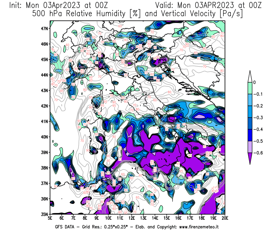 Mappa di analisi GFS - Umidità relativa [%] e Omega [Pa/s] a 500 hPa in Italia
							del 03/04/2023 00 <!--googleoff: index-->UTC<!--googleon: index-->