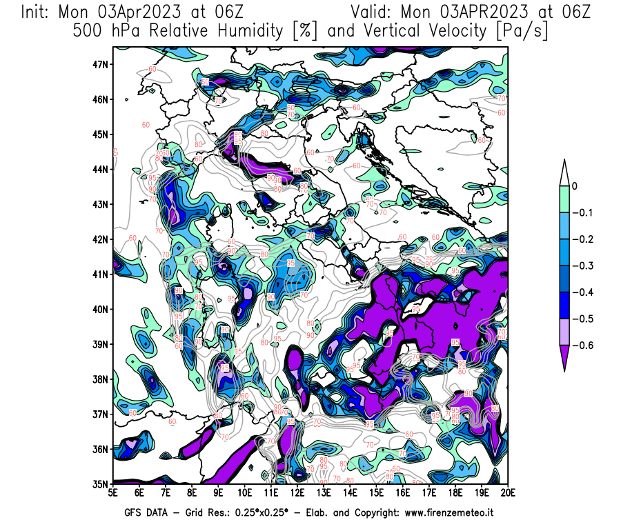 Mappa di analisi GFS - Umidità relativa [%] e Omega [Pa/s] a 500 hPa in Italia
							del 03/04/2023 06 <!--googleoff: index-->UTC<!--googleon: index-->
