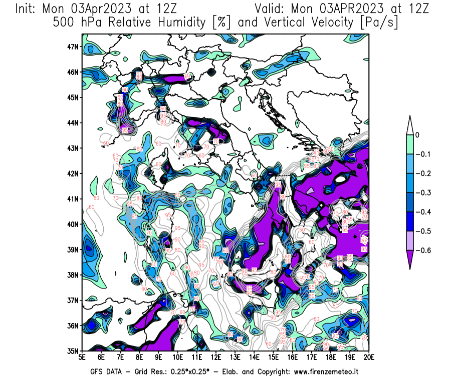 Mappa di analisi GFS - Umidità relativa [%] e Omega [Pa/s] a 500 hPa in Italia
							del 03/04/2023 12 <!--googleoff: index-->UTC<!--googleon: index-->