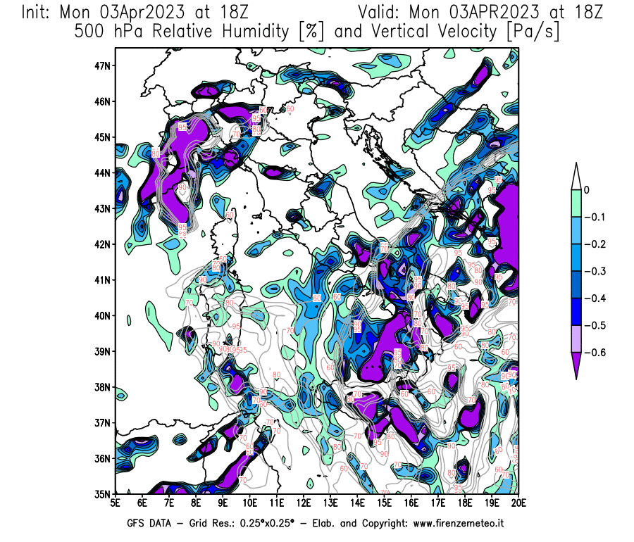 Mappa di analisi GFS - Umidità relativa [%] e Omega [Pa/s] a 500 hPa in Italia
							del 03/04/2023 18 <!--googleoff: index-->UTC<!--googleon: index-->