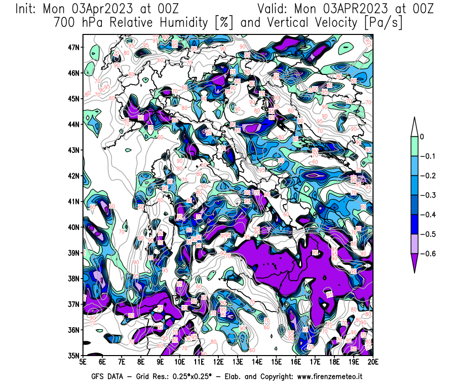 Mappa di analisi GFS - Umidità relativa [%] e Omega [Pa/s] a 700 hPa in Italia
							del 03/04/2023 00 <!--googleoff: index-->UTC<!--googleon: index-->