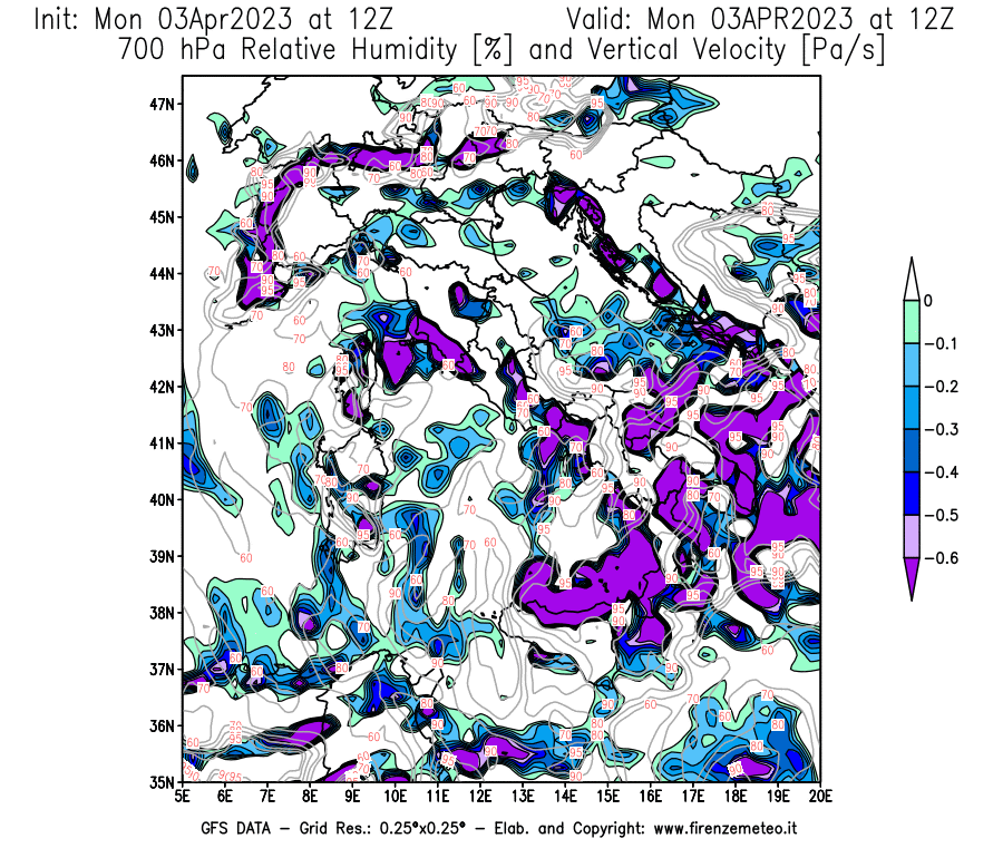 Mappa di analisi GFS - Umidità relativa [%] e Omega [Pa/s] a 700 hPa in Italia
							del 03/04/2023 12 <!--googleoff: index-->UTC<!--googleon: index-->