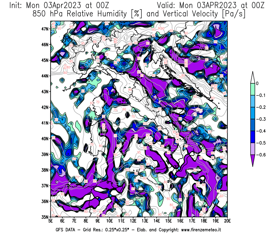 Mappa di analisi GFS - Umidità relativa [%] e Omega [Pa/s] a 850 hPa in Italia
							del 03/04/2023 00 <!--googleoff: index-->UTC<!--googleon: index-->