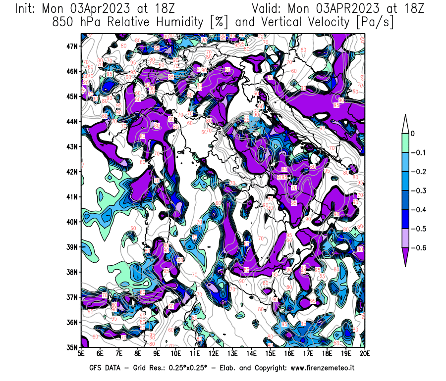 Mappa di analisi GFS - Umidità relativa [%] e Omega [Pa/s] a 850 hPa in Italia
							del 03/04/2023 18 <!--googleoff: index-->UTC<!--googleon: index-->