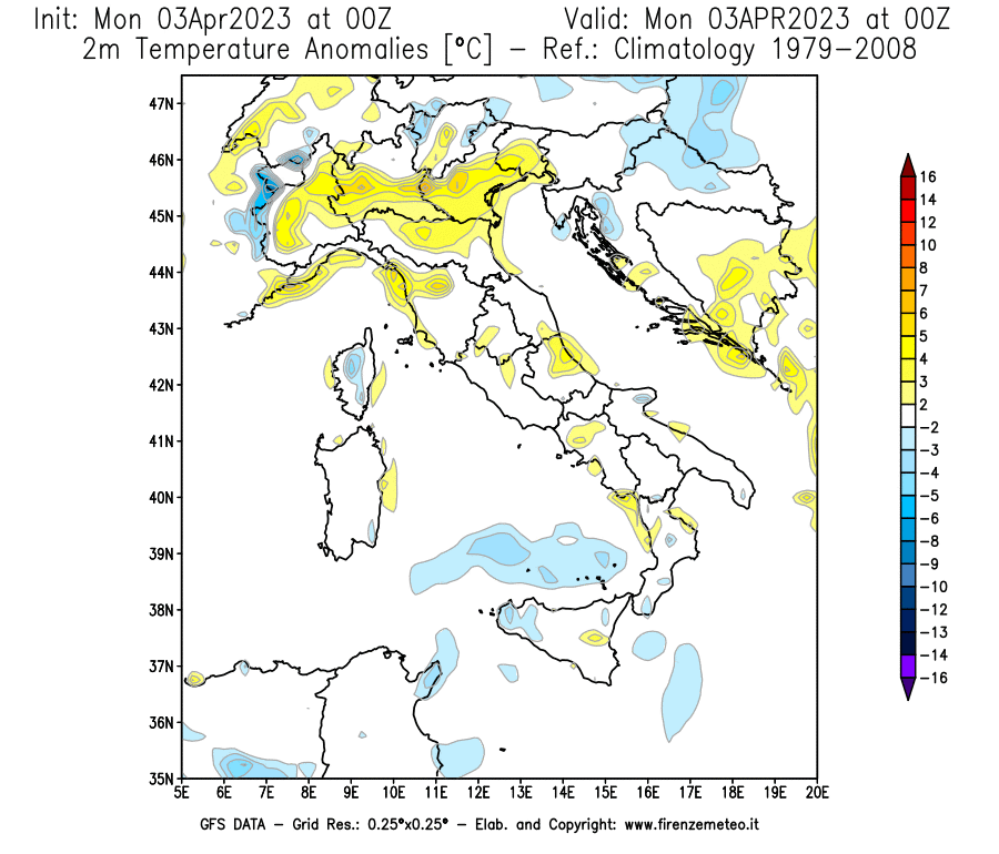 Mappa di analisi GFS - Anomalia Temperatura [°C] a 2 m in Italia
							del 03/04/2023 00 <!--googleoff: index-->UTC<!--googleon: index-->