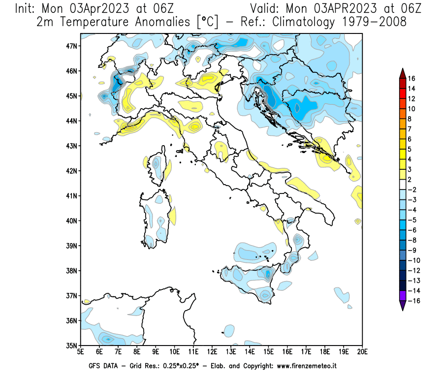 Mappa di analisi GFS - Anomalia Temperatura [°C] a 2 m in Italia
							del 03/04/2023 06 <!--googleoff: index-->UTC<!--googleon: index-->