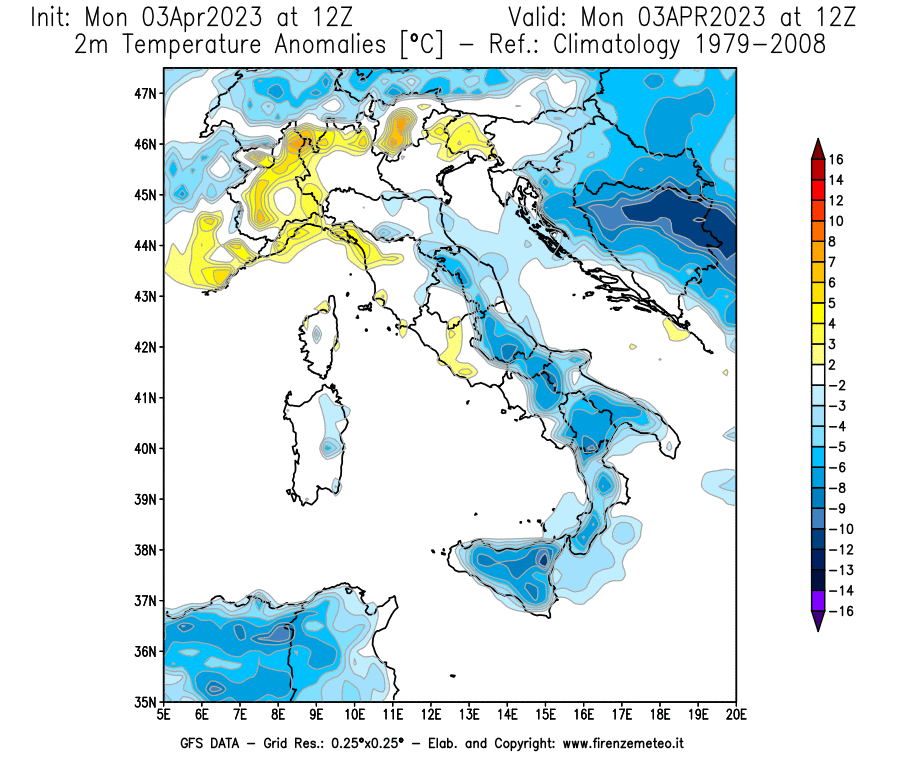 Mappa di analisi GFS - Anomalia Temperatura [°C] a 2 m in Italia
							del 03/04/2023 12 <!--googleoff: index-->UTC<!--googleon: index-->