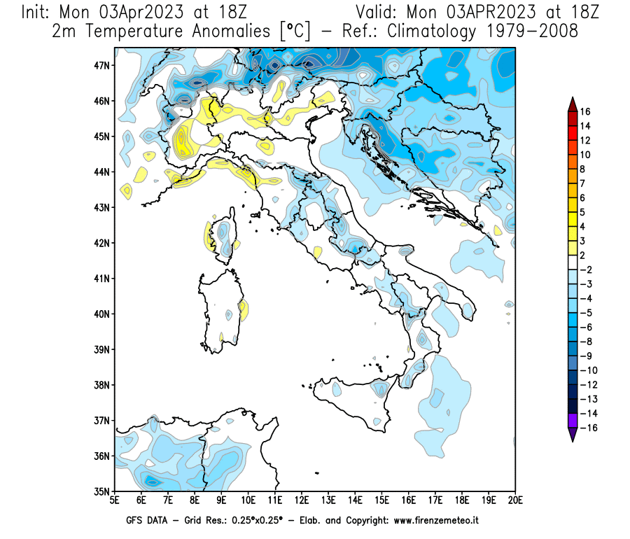 Mappa di analisi GFS - Anomalia Temperatura [°C] a 2 m in Italia
							del 03/04/2023 18 <!--googleoff: index-->UTC<!--googleon: index-->