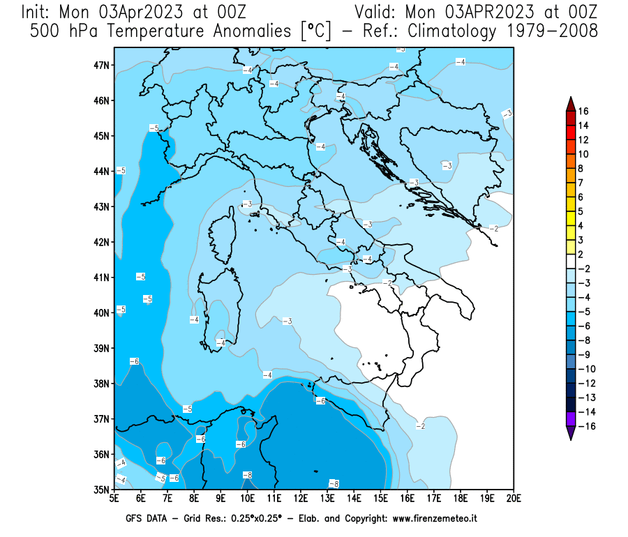Mappa di analisi GFS - Anomalia Temperatura [°C] a 500 hPa in Italia
							del 03/04/2023 00 <!--googleoff: index-->UTC<!--googleon: index-->