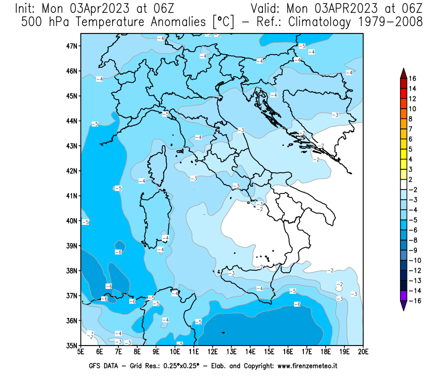 Mappa di analisi GFS - Anomalia Temperatura [°C] a 500 hPa in Italia
							del 03/04/2023 06 <!--googleoff: index-->UTC<!--googleon: index-->