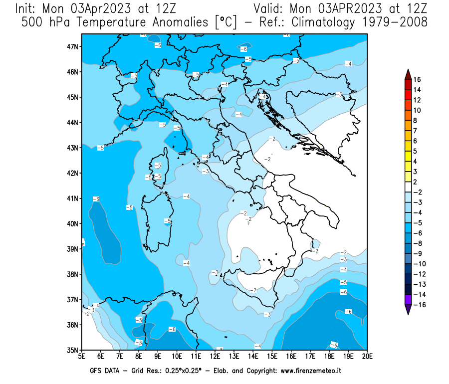 Mappa di analisi GFS - Anomalia Temperatura [°C] a 500 hPa in Italia
							del 03/04/2023 12 <!--googleoff: index-->UTC<!--googleon: index-->
