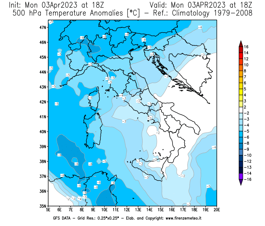 Mappa di analisi GFS - Anomalia Temperatura [°C] a 500 hPa in Italia
							del 03/04/2023 18 <!--googleoff: index-->UTC<!--googleon: index-->