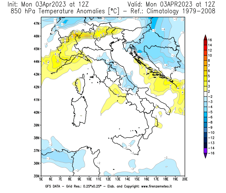 Mappa di analisi GFS - Anomalia Temperatura [°C] a 850 hPa in Italia
							del 03/04/2023 12 <!--googleoff: index-->UTC<!--googleon: index-->