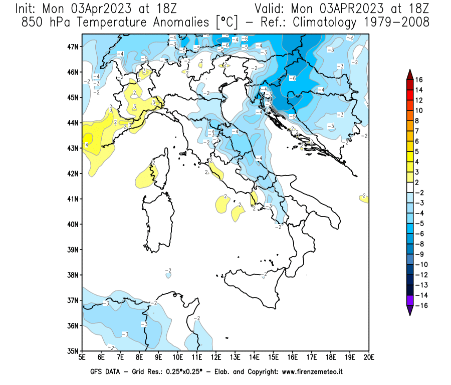 Mappa di analisi GFS - Anomalia Temperatura [°C] a 850 hPa in Italia
							del 03/04/2023 18 <!--googleoff: index-->UTC<!--googleon: index-->