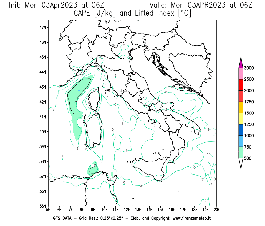 Mappa di analisi GFS - CAPE [J/kg] e Lifted Index [°C] in Italia
							del 03/04/2023 06 <!--googleoff: index-->UTC<!--googleon: index-->
