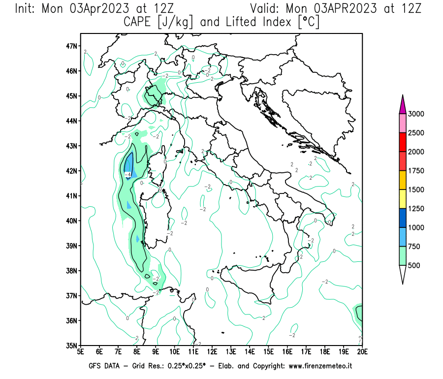 Mappa di analisi GFS - CAPE [J/kg] e Lifted Index [°C] in Italia
							del 03/04/2023 12 <!--googleoff: index-->UTC<!--googleon: index-->