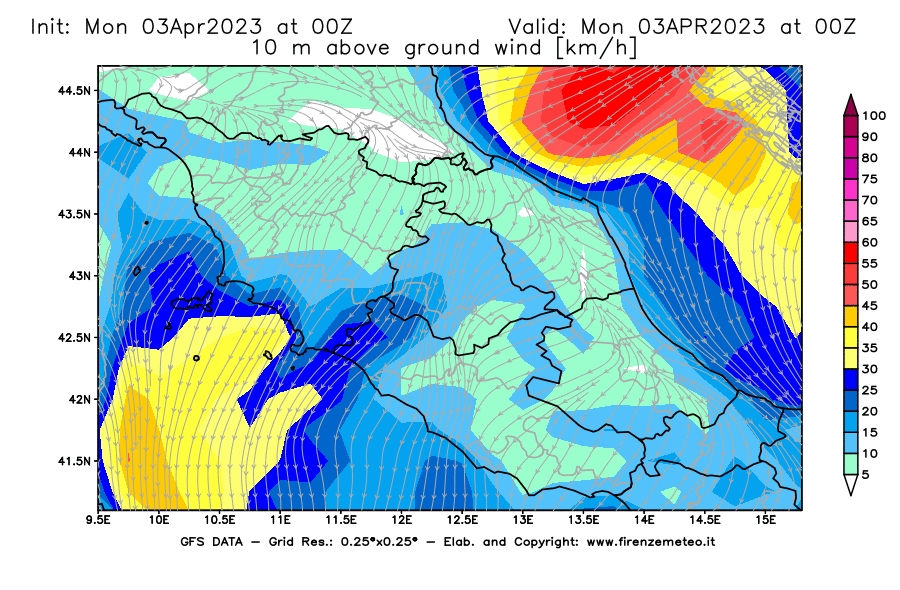 Mappa di analisi GFS - Velocità del vento a 10 metri dal suolo [km/h] in Centro-Italia
							del 03/04/2023 00 <!--googleoff: index-->UTC<!--googleon: index-->
