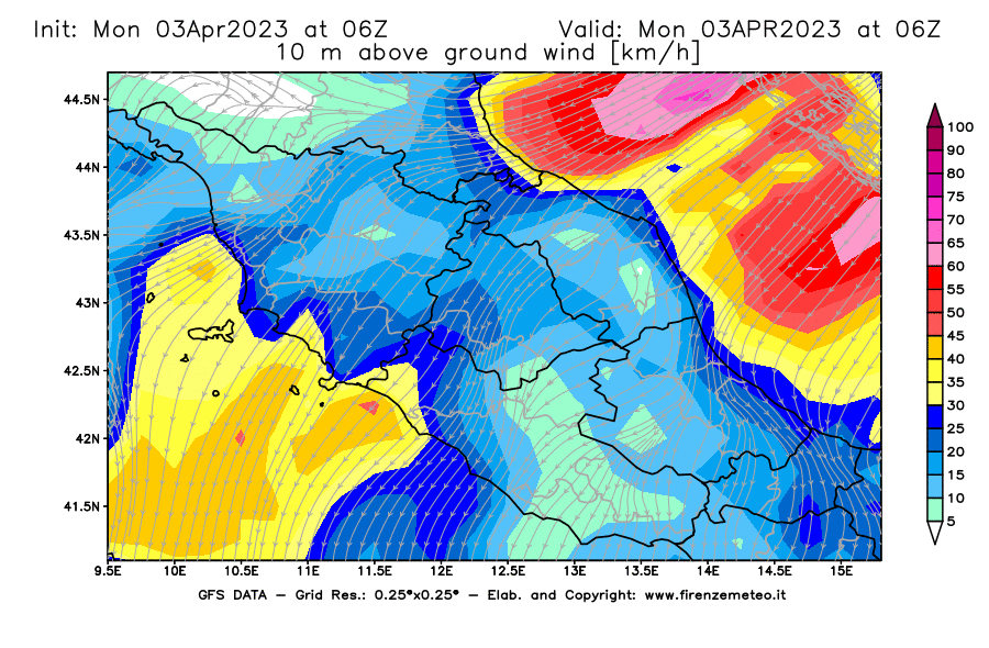 Mappa di analisi GFS - Velocità del vento a 10 metri dal suolo [km/h] in Centro-Italia
							del 03/04/2023 06 <!--googleoff: index-->UTC<!--googleon: index-->