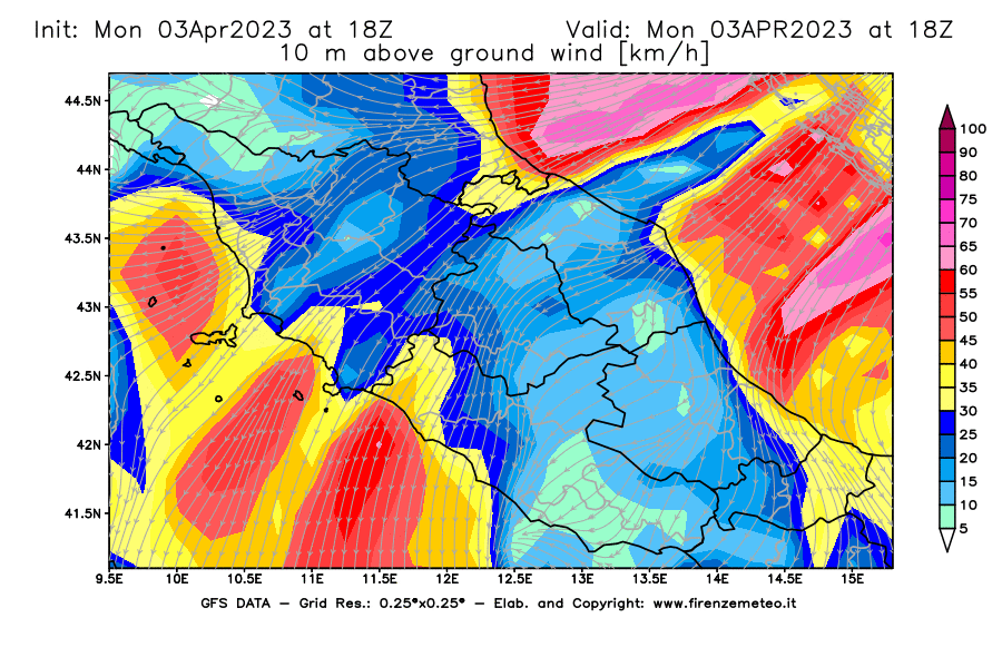 Mappa di analisi GFS - Velocità del vento a 10 metri dal suolo [km/h] in Centro-Italia
							del 03/04/2023 18 <!--googleoff: index-->UTC<!--googleon: index-->