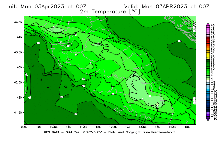 Mappa di analisi GFS - Temperatura a 2 metri dal suolo [°C] in Centro-Italia
							del 03/04/2023 00 <!--googleoff: index-->UTC<!--googleon: index-->