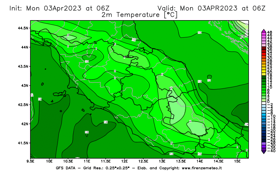 Mappa di analisi GFS - Temperatura a 2 metri dal suolo [°C] in Centro-Italia
							del 03/04/2023 06 <!--googleoff: index-->UTC<!--googleon: index-->