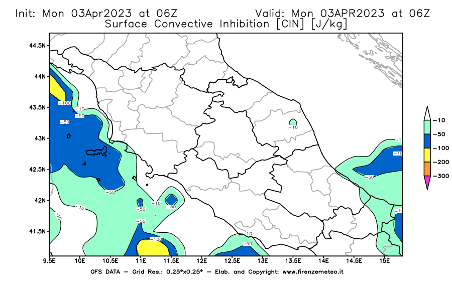 Mappa di analisi GFS - CIN [J/kg] in Centro-Italia
							del 03/04/2023 06 <!--googleoff: index-->UTC<!--googleon: index-->