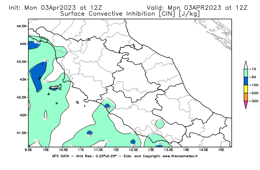 Mappa di analisi GFS - CIN [J/kg] in Centro-Italia
							del 03/04/2023 12 <!--googleoff: index-->UTC<!--googleon: index-->