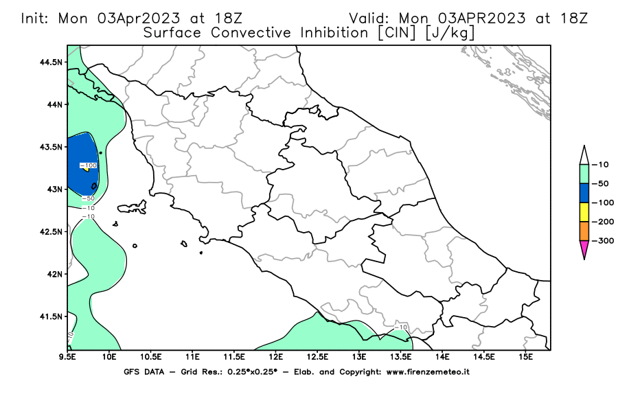 Mappa di analisi GFS - CIN [J/kg] in Centro-Italia
							del 03/04/2023 18 <!--googleoff: index-->UTC<!--googleon: index-->