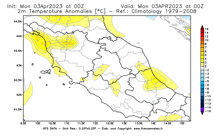 Mappa di analisi GFS - Anomalia Temperatura [°C] a 2 m in Centro-Italia
							del 03/04/2023 00 <!--googleoff: index-->UTC<!--googleon: index-->