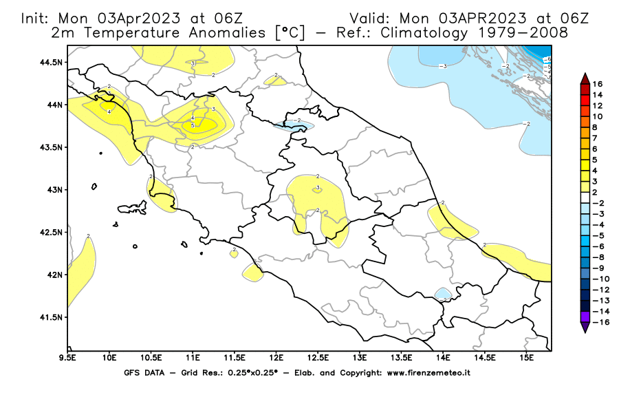 Mappa di analisi GFS - Anomalia Temperatura [°C] a 2 m in Centro-Italia
							del 03/04/2023 06 <!--googleoff: index-->UTC<!--googleon: index-->