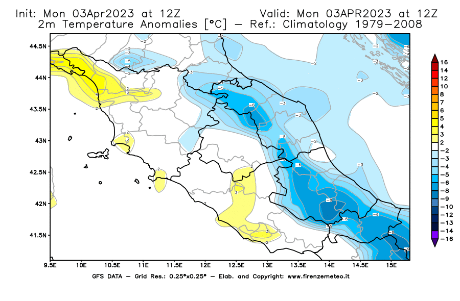 Mappa di analisi GFS - Anomalia Temperatura [°C] a 2 m in Centro-Italia
							del 03/04/2023 12 <!--googleoff: index-->UTC<!--googleon: index-->