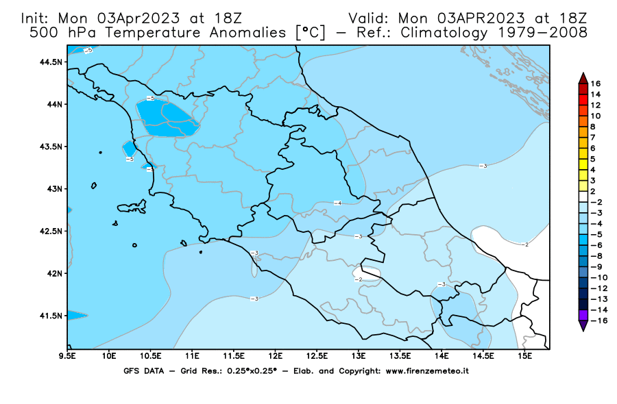 Mappa di analisi GFS - Anomalia Temperatura [°C] a 500 hPa in Centro-Italia
							del 03/04/2023 18 <!--googleoff: index-->UTC<!--googleon: index-->