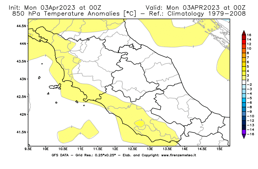 Mappa di analisi GFS - Anomalia Temperatura [°C] a 850 hPa in Centro-Italia
							del 03/04/2023 00 <!--googleoff: index-->UTC<!--googleon: index-->